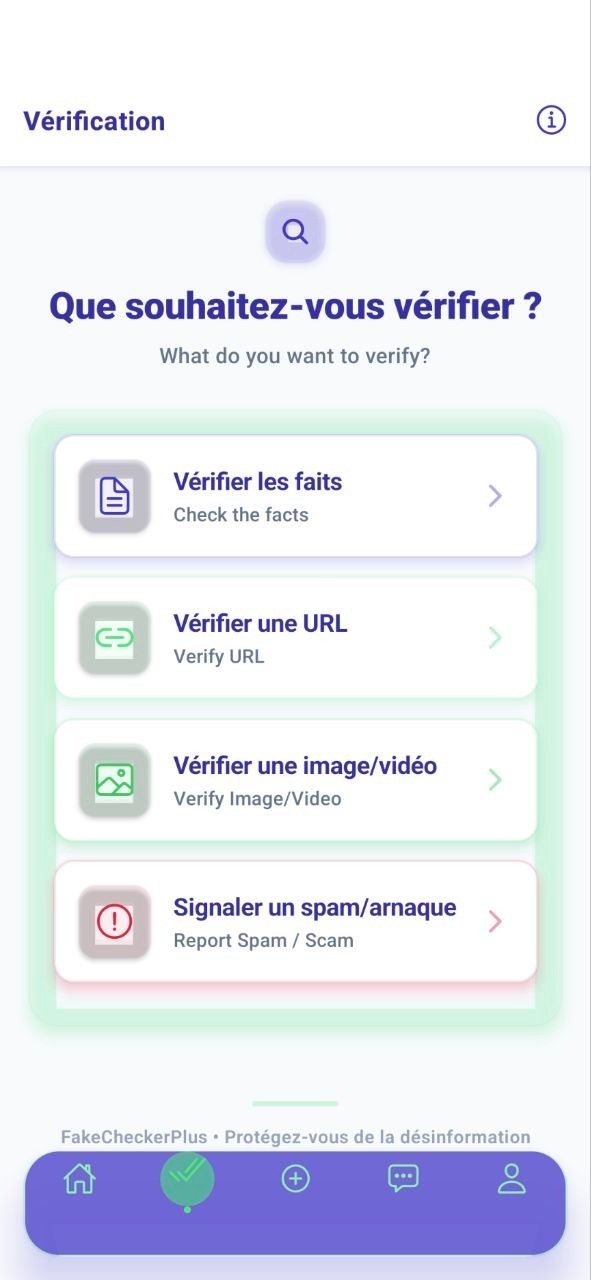 Choisir une vérification : faits, URL, image, spam